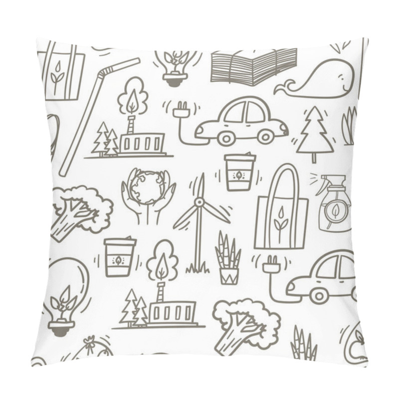 Personality  Zero Waste And Eco Living Theme Seamless Pattern Hand Drawn Doodle Style Background With Wind Mill, Electric Car, Cotton Bag, Green Energy Plant, Organic Broccoli Etc. Pillow Covers