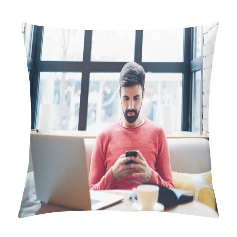 Personality  Millennial Male Holding Smartphone Getting Message With Confirmation For Making Transaction On Laptop Computer, Man Using Mobile Phone App For Synchronizing Data With Netbook Via Bluetooth Connection Pillow Covers