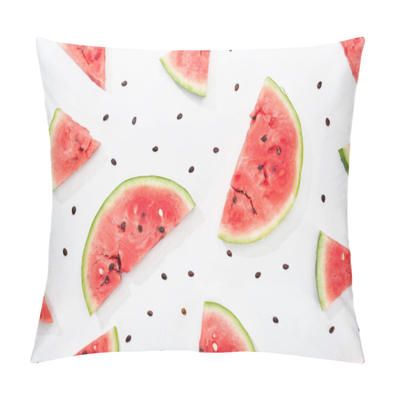 Personality  Top View Of Delicious Juicy Watermelon Slices On White Background With Scattered Seeds Pillow Covers