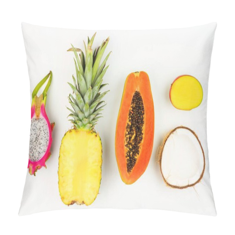 Personality  Tropical Fruit Flat Lay With Cut Pineapple, Dragon Fruit, Papaya, Mango, And Coconut On A White Background Pillow Covers