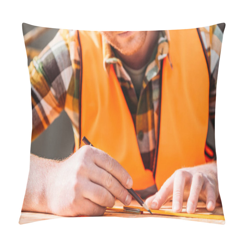 Personality  Cropped Shot Of Builder Using Measuring Tape And Pencil Pillow Covers