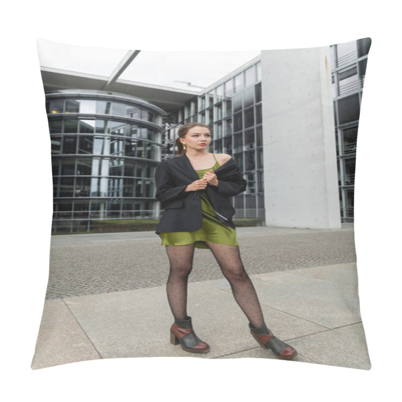 Personality  Trendy Woman In Jacket, Silk Dress And Tights Looking Away While Standing On Sidewalk In Berlin Pillow Covers