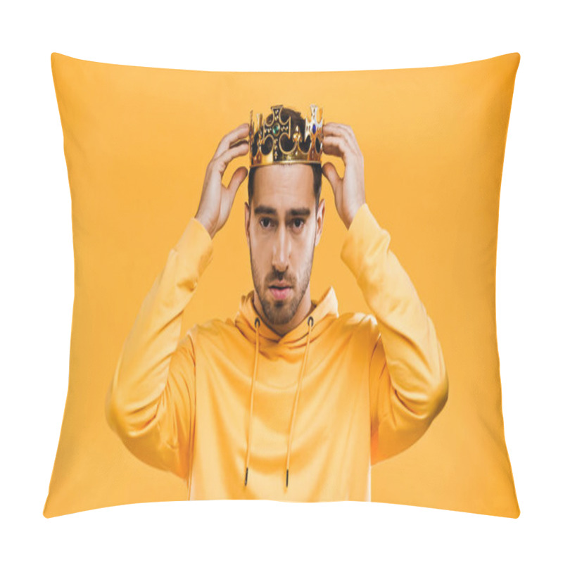 Personality  Man Wearing Golden Crown Isolated On Yellow Pillow Covers