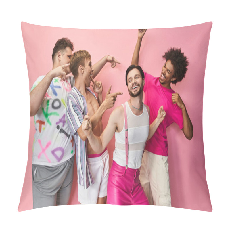 Personality  Four Friends Joyfully Celebrate Their Identities While Posing Against A Vivid Pink Backdrop. Pillow Covers