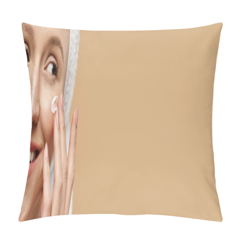 Personality  An Attractive Woman With Natural Beauty Smiles While Wearing A Towel Turban On Her Head. Pillow Covers