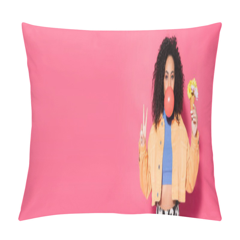 Personality  Curly African American Woman Blowing Bubble Gum, Holding Waffle Cone With Flowers And Showing Peace Sign On Pink, Banner Pillow Covers