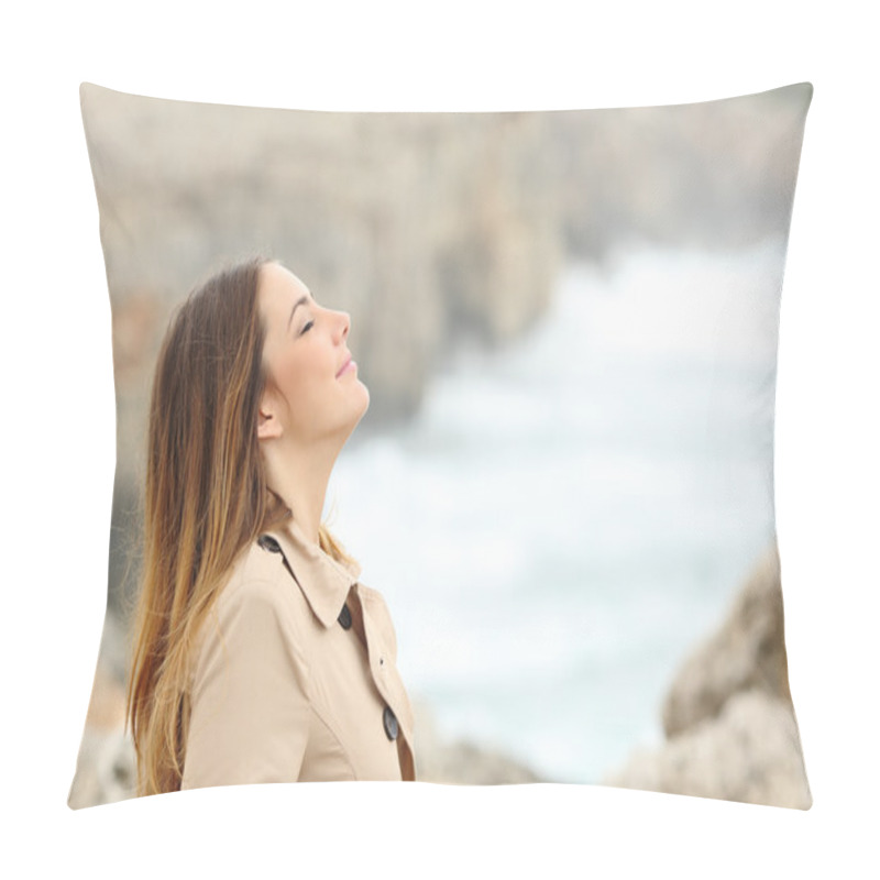 Personality  Woman Breathing Fresh Air In Winter On The Beach Pillow Covers