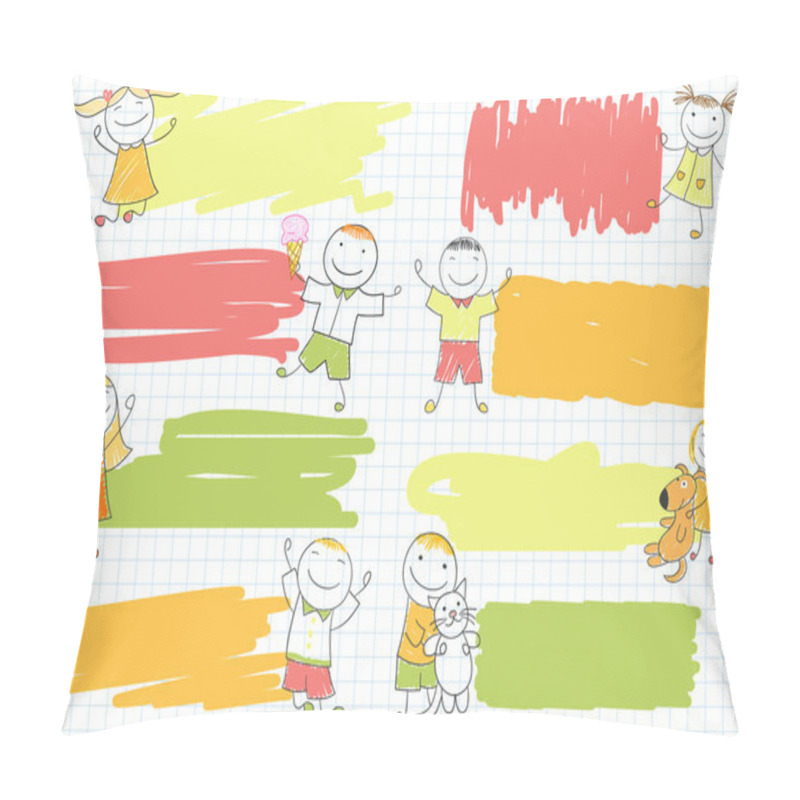 Personality  Set Of Scribble Banners With Happy Boys And Girls Pillow Covers