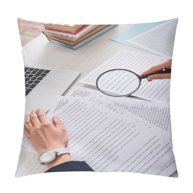 Personality  Partial View Of Translator Holding Magnifier Above Documents Near Laptop And Dictionaries Of Foreign Languages Pillow Covers