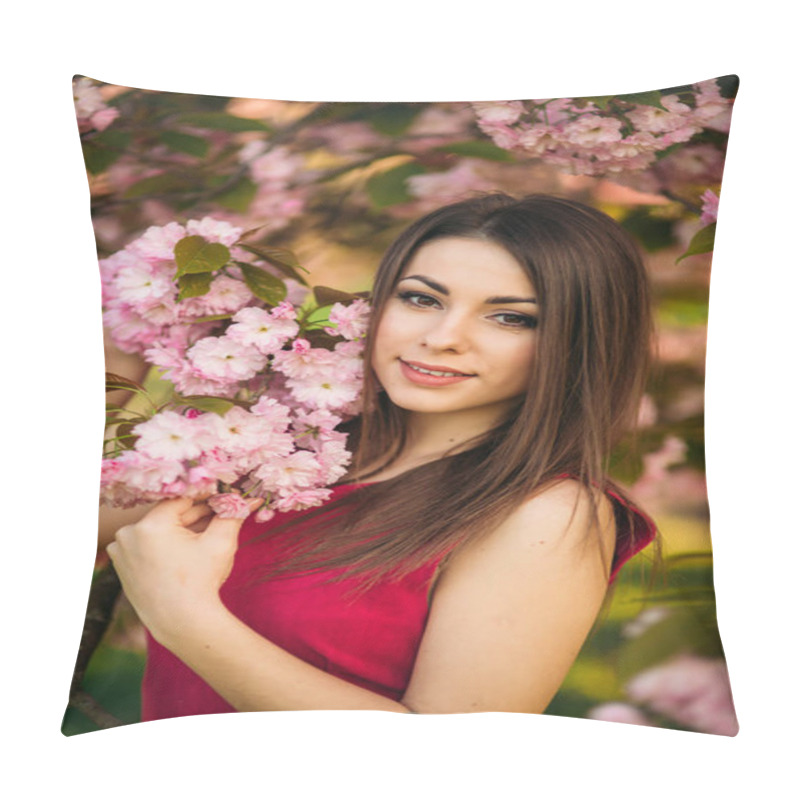 Personality  Portrait Of Beutiful Girl In Sakura Tree. Sakura Flowers Surround The Girl. Sakura Branch By Her Face. Japanese Tree Pillow Covers