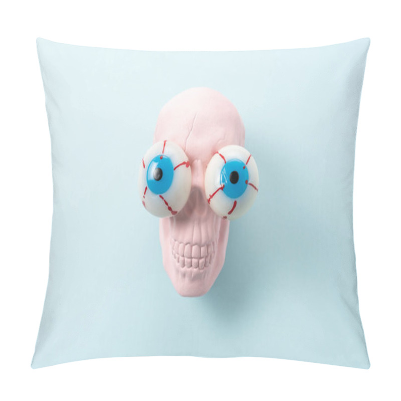 Personality  Pink Skull With Eyeballs On Blue Background. Minimal Holiday Fun Spooky Concept. Pillow Covers