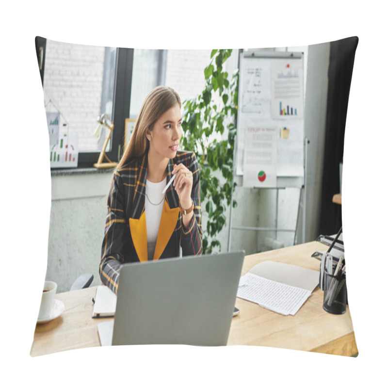 Personality  Stylish Businesswoman Focused On Her Tasks At A Modern Office Workspace. Pillow Covers