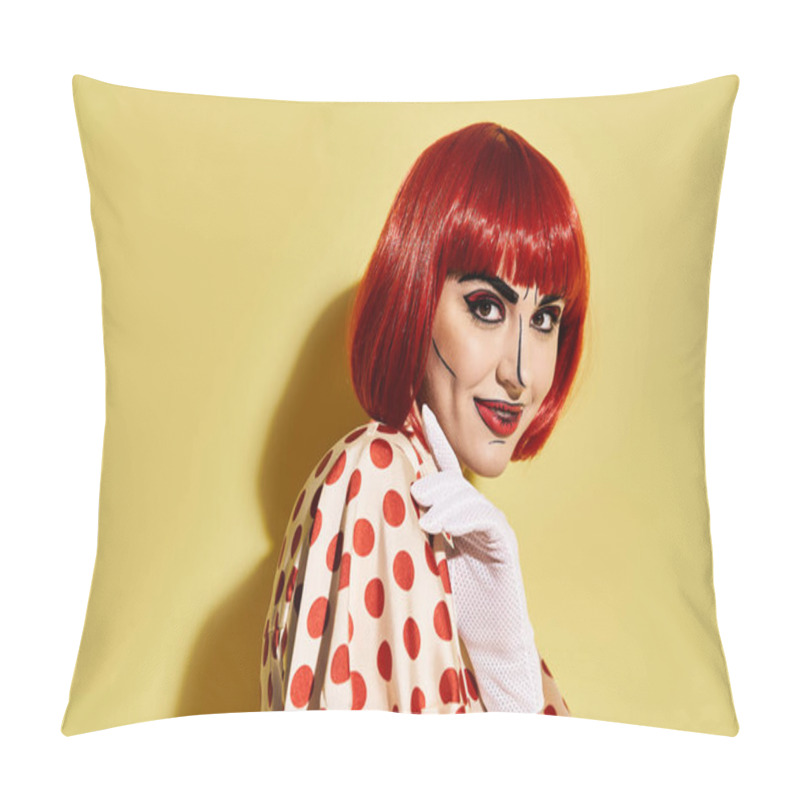 Personality  A Redhead Woman In A Polka Dot Dress Poses Against A Vibrant Yellow Background, Exuding A Whimsical Comic Character Vibe. Pillow Covers