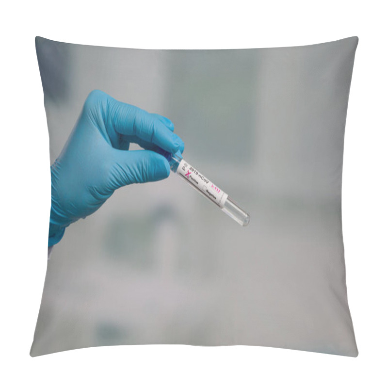 Personality  Hand In Blue Gloves Holding A Test Tube After Virus Analysis Wit Pillow Covers