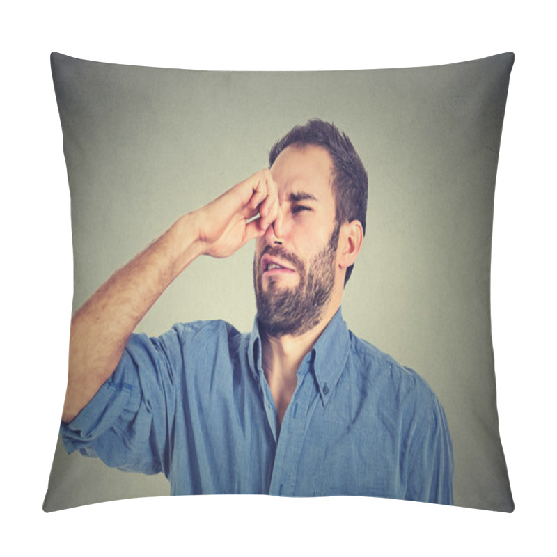 Personality  Disgusted Man Pinches Nose With Fingers Hands Looks With Disgust Something Stinks Pillow Covers