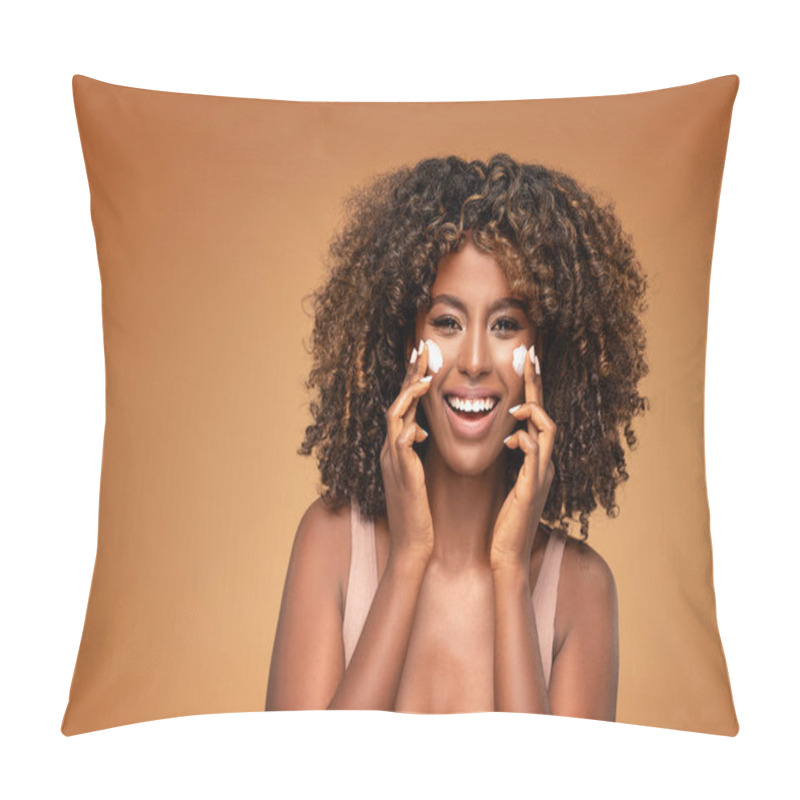 Personality  Young Afro Woman With Moisturizer On Face. Beautiful African Girl Applying A Cream On Cheek. Beauty Girl With Perfect And Healthy Skin. Pillow Covers