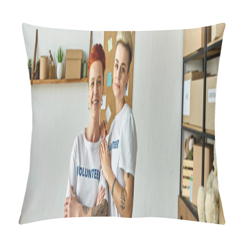 Personality  Young Lesbian Couple In Volunteer T-shirts Working On A Charity Project Side By Side In A Room. Pillow Covers