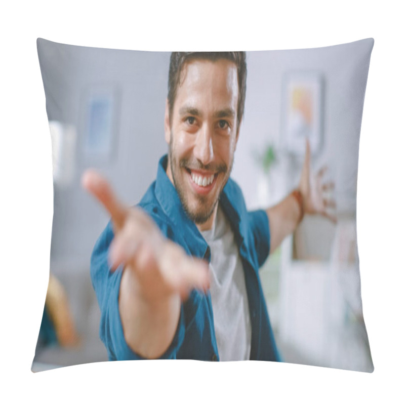 Personality  Handsome Happy Man Does Funny Dance Routine While Sitting At His Desk In The Living Room. Pillow Covers