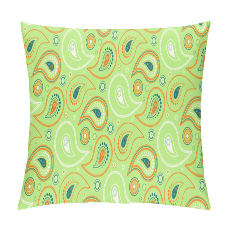 Personality  Vibrant Paisley Pattern In Teal, Orange  White On A Light Green Background.  Perfect For Textiles, Wallpaper, Or Website Design. Pillow Covers