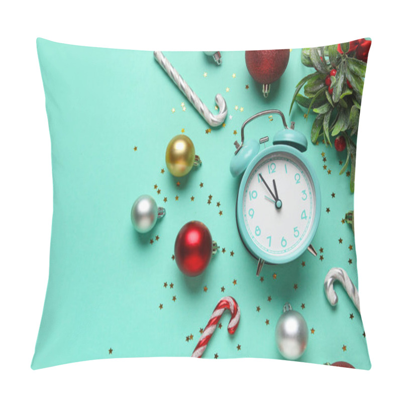 Personality  Composition With Alarm Clock, Christmas Balls, Candy Cane And Confetti On Turquoise Background. Christmas Countdown Concept. Top View Pillow Covers