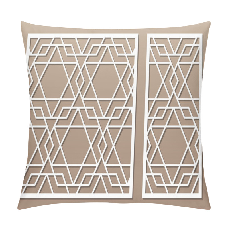 Personality  Set Decorative Card For Cutting. Arabic Linear Mosaic Pattern. Laser Cut. Ratio 1:1, 1:2. Vector Illustration. Pillow Covers