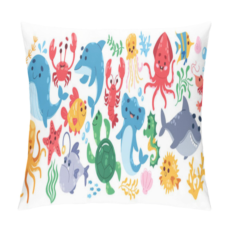 Personality  Cute Cartoon Sea And Ocean Animals Vector Illustration. Funny Underwater World Inhabitant, Diversity Of Marine Life Colorful Collection. Dolphin, Crab, Octopus, Turtle, Seahorse, Echinus, Fish, Shrimp Pillow Covers