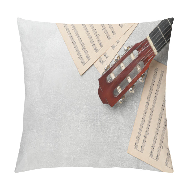 Personality  Composition With Guitar And Music Notations On Light Table, Flat Lay. Space For Text Pillow Covers