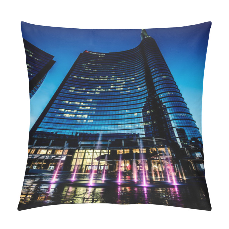 Personality  MILAN, ITALY - MAYY 04, 2016: Milan Unicredit Bank Skyscraper And Piazza Gae Aulenti.Night Scene. Pillow Covers