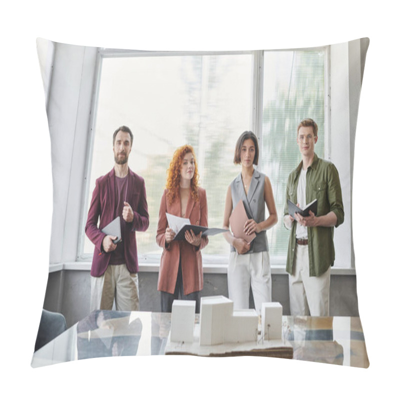 Personality  Portrait Of Successful Designers Near Innovative Building Model In Office, Project Presentation Pillow Covers