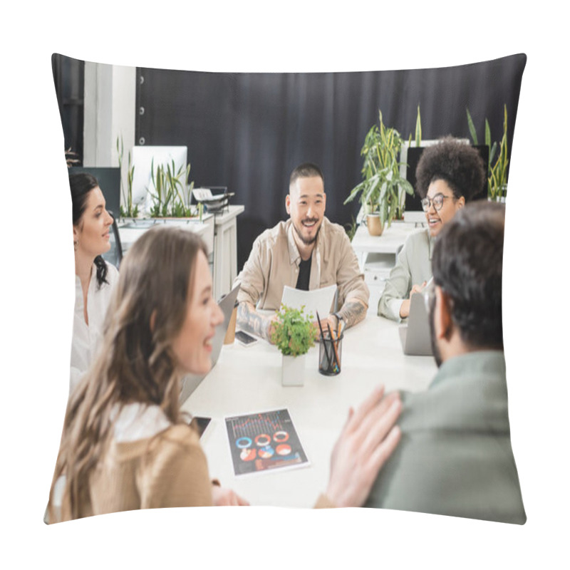 Personality  Happy Multicultural Business People Discussing Project And Brainstorming Near Team Lead In Office Pillow Covers