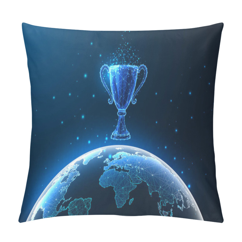 Personality  Global Achievement, Success Through Innovation, Cutting-edge Technology Concept With Futuristic Glowing Low Polygonal World Map And Trophy On Dark Blue Background. Modern Design Vector Illustration. Pillow Covers