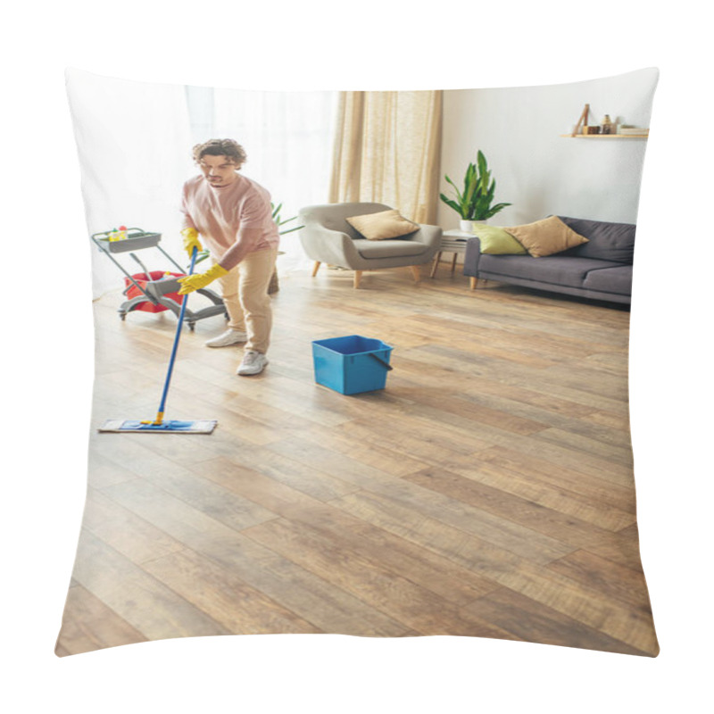 Personality  Man Elegantly Mopping Living Room Floor. Pillow Covers