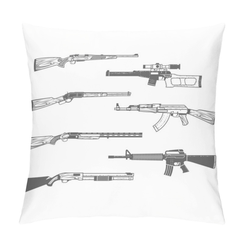 Personality  Set Of Firearms, Shotgun, M16 Rifle And Hunt Handgun, Guns And Weapons In Graphic Style, Vector Pillow Covers