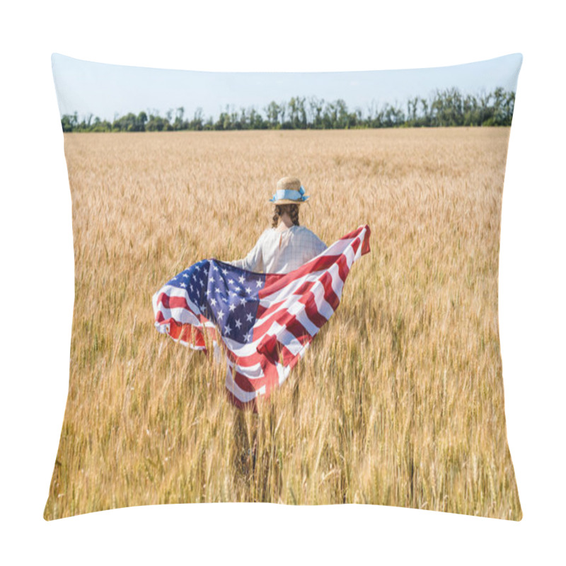 Personality  Back View Of Kid Holding American Flag With Stars And Stripes In Golden Field  Pillow Covers