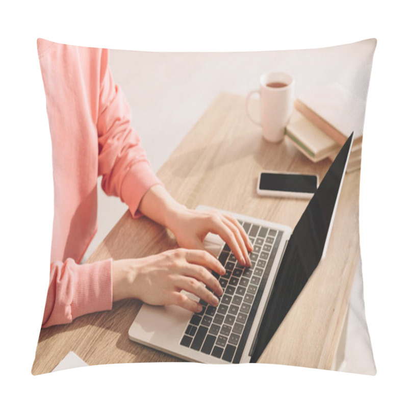 Personality  Cropped View Of Freelancer Working With Laptop At Table  Pillow Covers