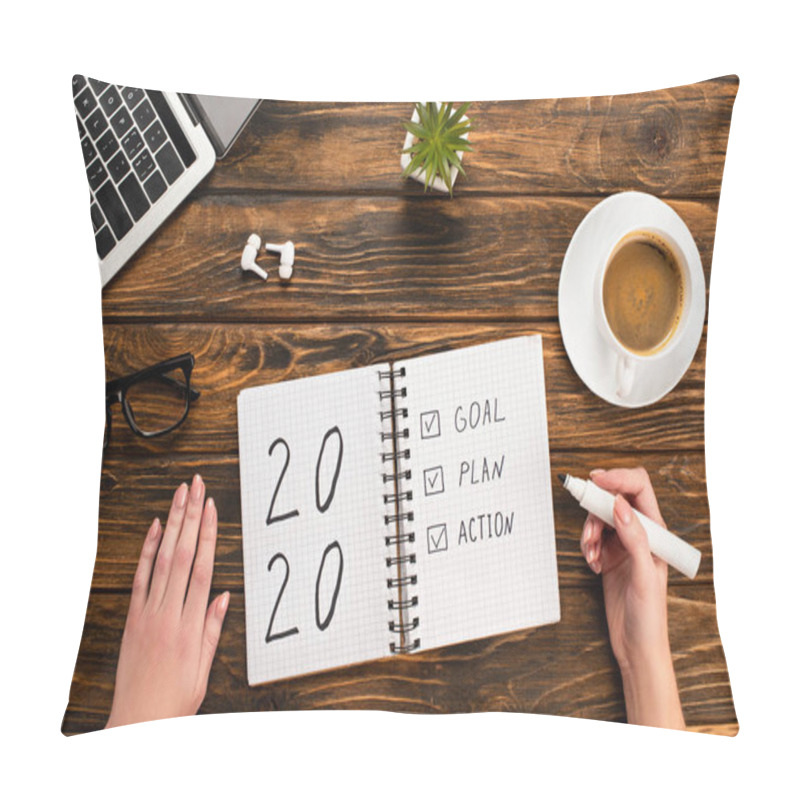 Personality  Cropped View Of Businesswoman Holding Felt-tip Pen Near Notebook With 2020, Goal, Plan, Action Lettering Near Laptop, Wireless Earphones, Coffee Cup On Wooden Desk Pillow Covers