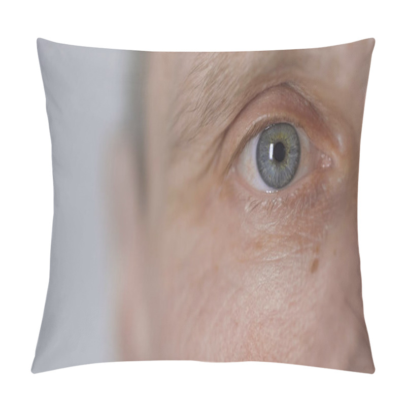 Personality  Cropped View Of Middle Aged Man With Blue Eye Looking At Camera Isolated On Grey  Pillow Covers