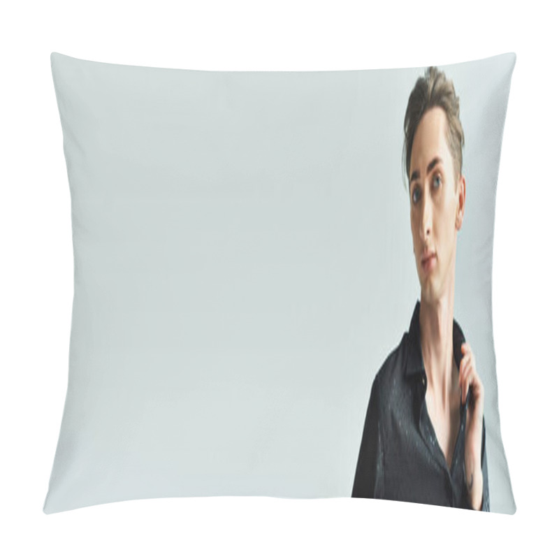 Personality  A Young Queer Man Confidently Poses In A Black Shirt Against A Stark White Background In A Studio Setting. Pillow Covers