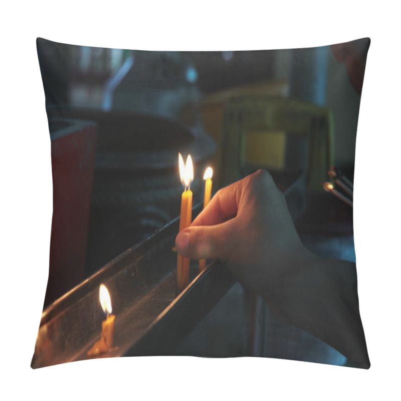 Personality  Buddhists Make Merit,Placing A Lighted Candle On The Altar Of Buddha At Temple. Selective Focus. Pillow Covers