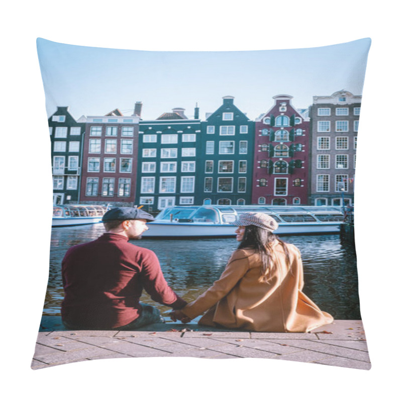 Personality  Amsterdam Damrak During Sunset, Happy Couple Man And Woman On A Summer Evening At The Canals Pillow Covers