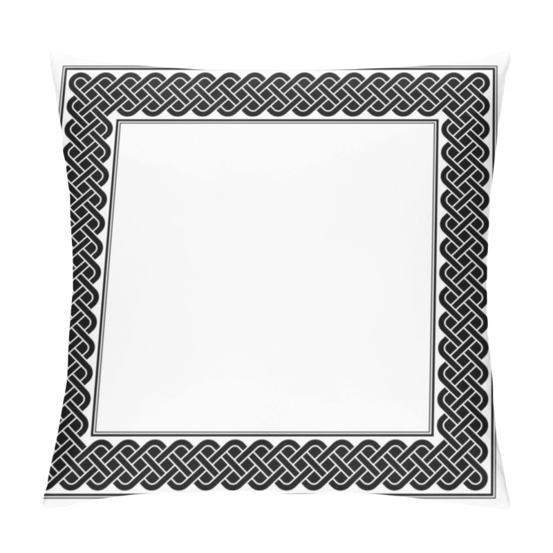 Personality  Square Frame With Guilloche Knot Pattern. Border Made Of Endless Repeated Motifs Of The Solomons Knot, Consisting Of Three Interlaced And Interwoven Lines, Framed By Black Lines. Isolated. Vector. Pillow Covers