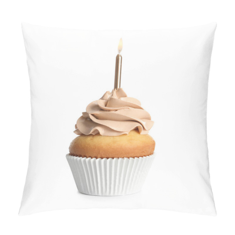 Personality  Delicious Birthday Cupcake With Candle On White Background Pillow Covers