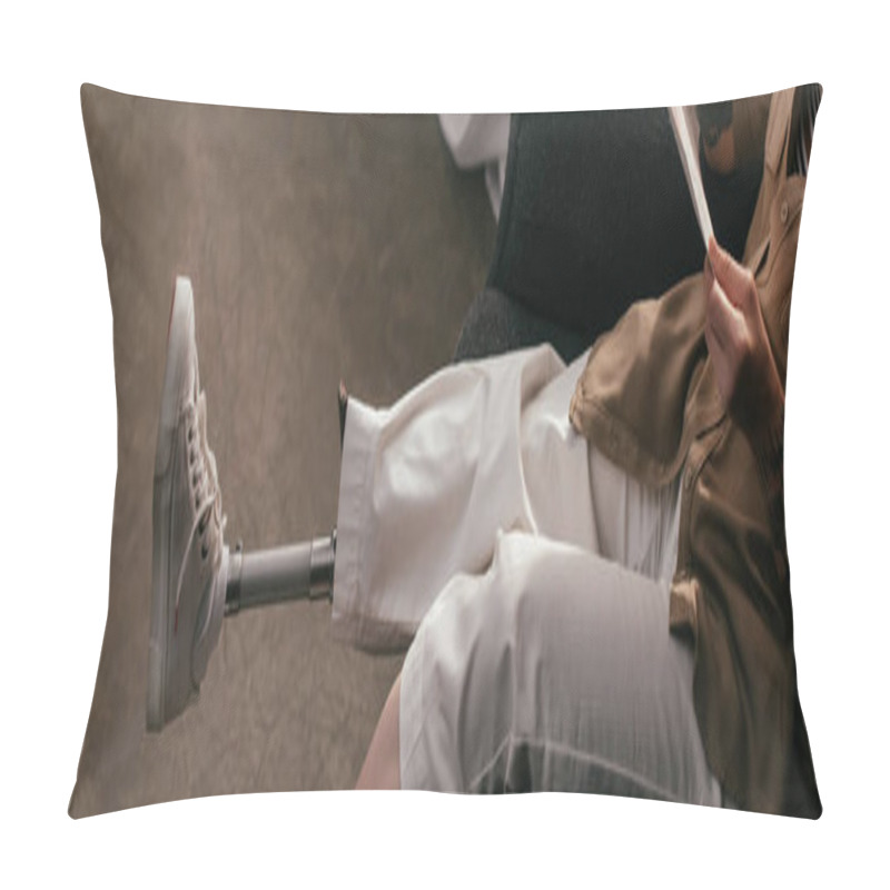 Personality  Cropped View Of Woman With Leg Prosthesis Reading Newspaper In Armchair, Panoramic Shot Pillow Covers