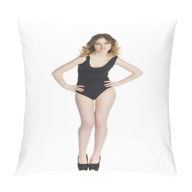 Personality  Model Tests, Young Slim Woman Posing In Black Leotard Pillow Covers