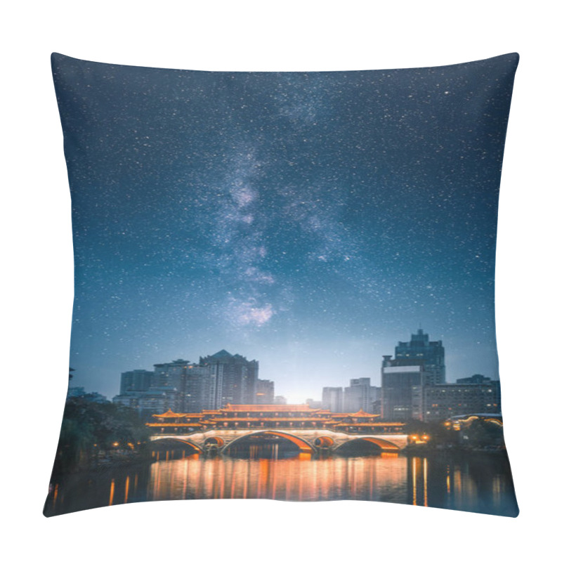 Personality  Artictic View Of Anshun Bridge On Jin River At Night With  Milky Way On The Sky In Chengdu, Sichuan, China Pillow Covers