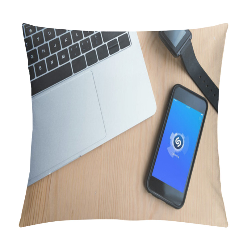 Personality  Top View Of Laptop, Smartwatch And Smartphone With Shazam App On Screen Pillow Covers