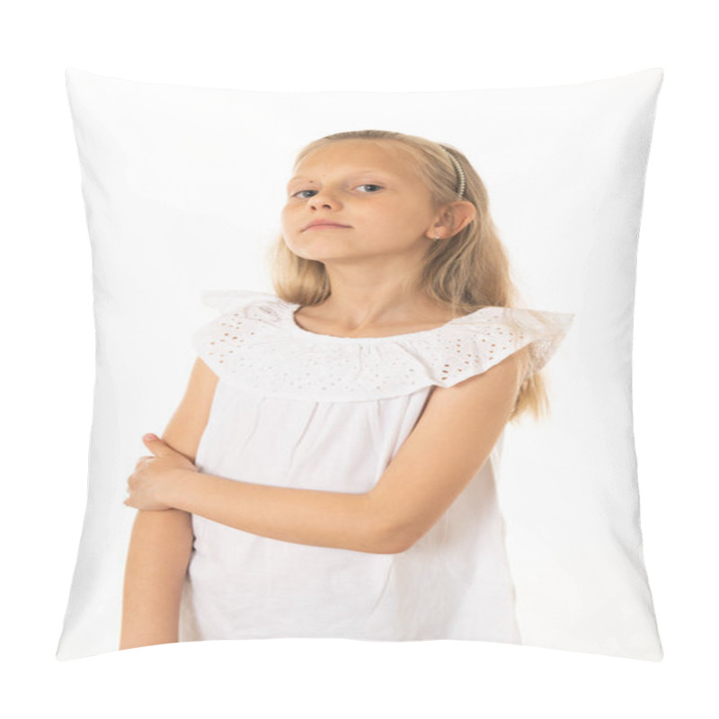 Personality  Close Up Portrait. Cute Happy, Confident, Successful, Proud Little Girl Looking At The Camera Arms Crossed. Human Emotions, Facial Expressions, Body Languages And Feelings. White Background Pillow Covers