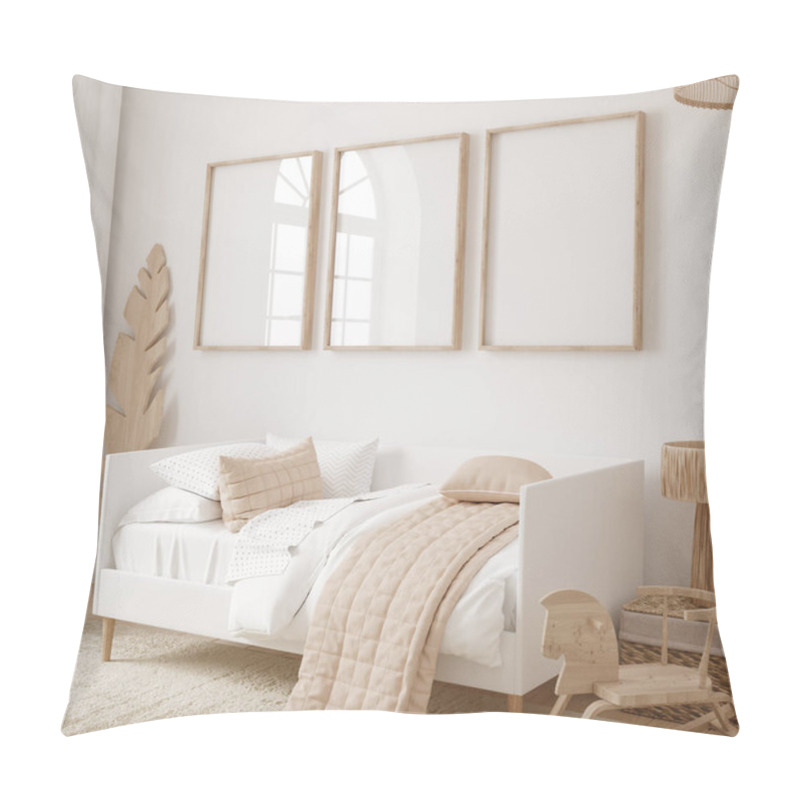 Personality  Mock Up Frame In Children Room With Natural Wooden Furniture, Farmhouse Style Interior Background, 3D Render Pillow Covers