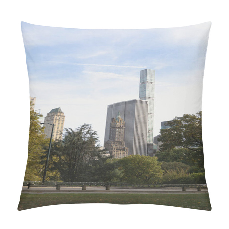 Personality  Modern Skyscrapers Near Urban Park Under Blue And Cloudy Sky In New York City Pillow Covers