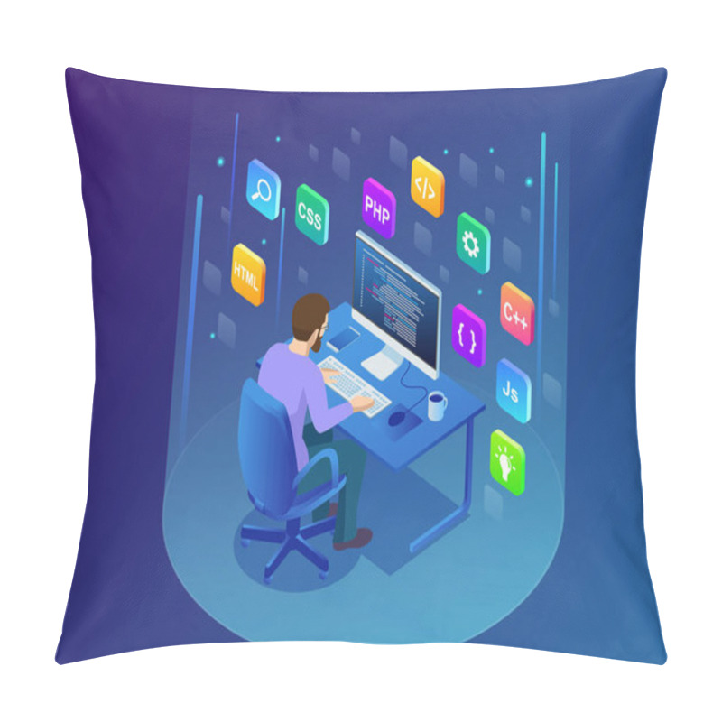 Personality  Isometric Developing Programming And Coding Technologies. Young Programmer Coding A New Project Using Computer. Man Sitting On The Big Laptop And Working. Pillow Covers